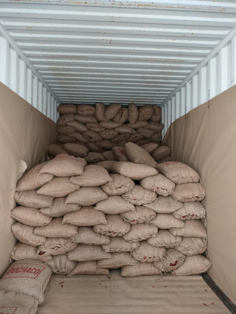 Sacks stacked inside container